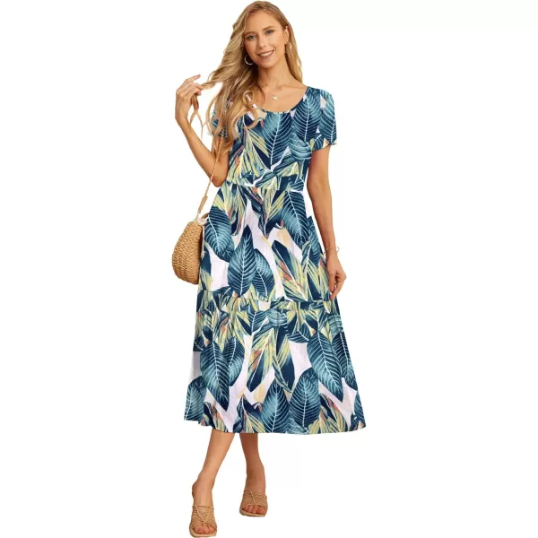 GRECERELLE Women's Summer Casual Crewneck Short Sleeve Aline Tiered Flowy Maxi Dress with Pockets