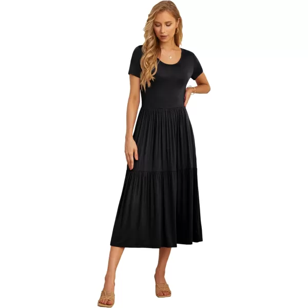 GRECERELLE Women's Summer Casual Crewneck Short Sleeve Aline Tiered Flowy Maxi Dress with Pockets