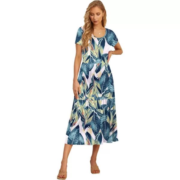 GRECERELLE Women's Summer Casual Crewneck Short Sleeve Aline Tiered Flowy Maxi Dress with Pockets