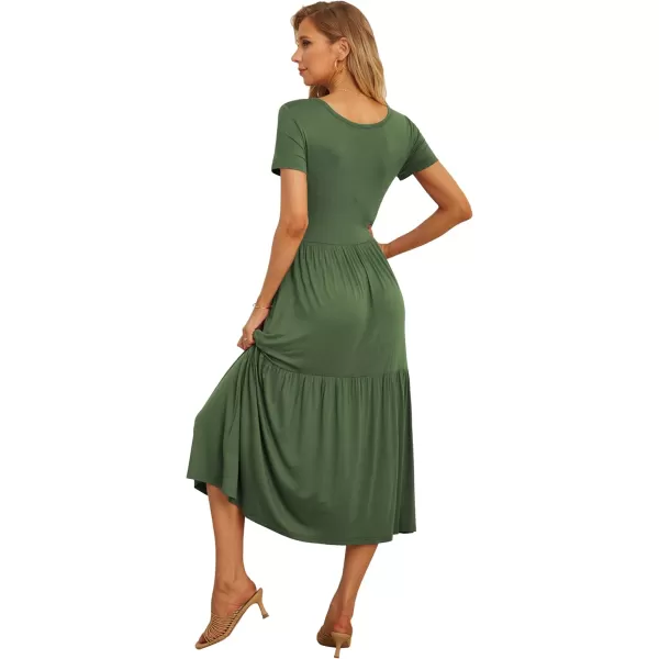 GRECERELLE Women's Summer Casual Crewneck Short Sleeve Aline Tiered Flowy Maxi Dress with Pockets