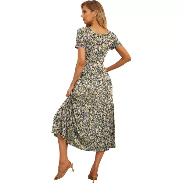 GRECERELLE Women's Summer Casual Crewneck Short Sleeve Aline Tiered Flowy Maxi Dress with Pockets
