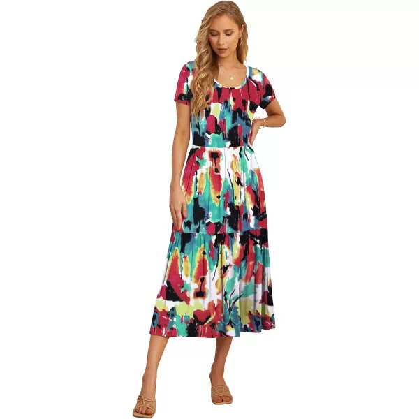 GRECERELLE Women's Summer Casual Crewneck Short Sleeve Aline Tiered Flowy Maxi Dress with Pockets