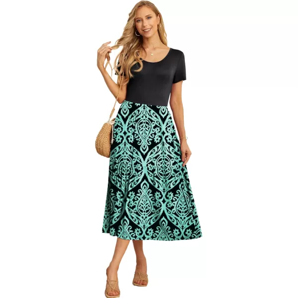 GRECERELLE Women's Summer Casual Crewneck Short Sleeve Aline Tiered Flowy Maxi Dress with Pockets