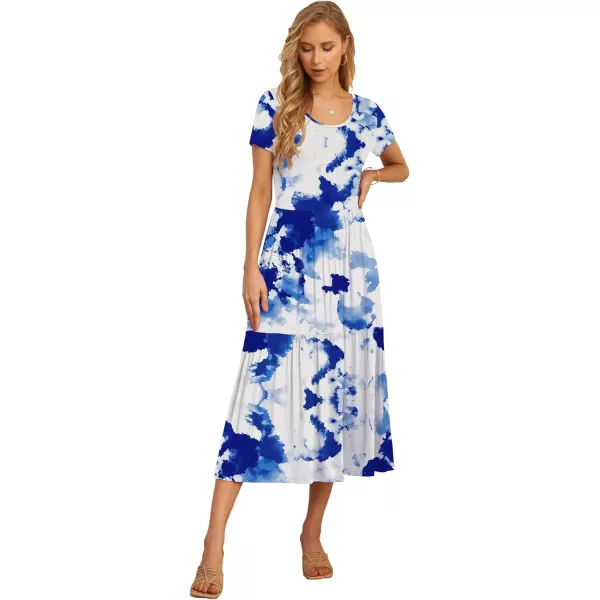 GRECERELLE Women's Summer Casual Crewneck Short Sleeve Aline Tiered Flowy Maxi Dress with Pockets