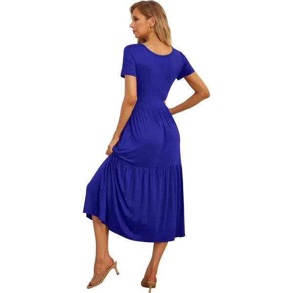 GRECERELLE Women's Summer Casual Crewneck Short Sleeve Aline Tiered Flowy Maxi Dress with Pockets