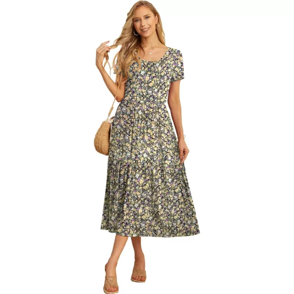 GRECERELLE Women's Summer Casual Crewneck Short Sleeve Aline Tiered Flowy Maxi Dress with Pockets