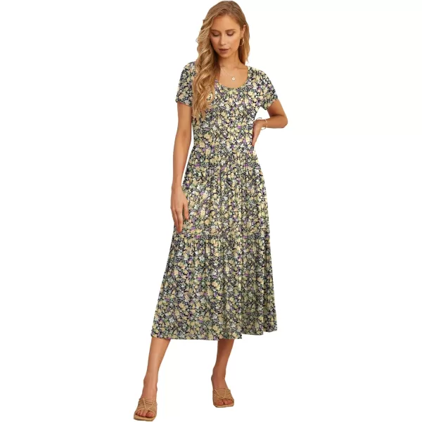 GRECERELLE Women's Summer Casual Crewneck Short Sleeve Aline Tiered Flowy Maxi Dress with Pockets