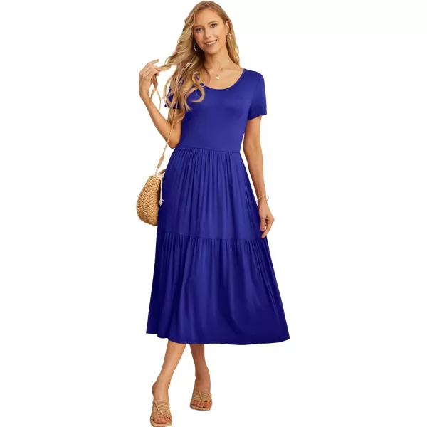 GRECERELLE Women's Summer Casual Crewneck Short Sleeve Aline Tiered Flowy Maxi Dress with Pockets