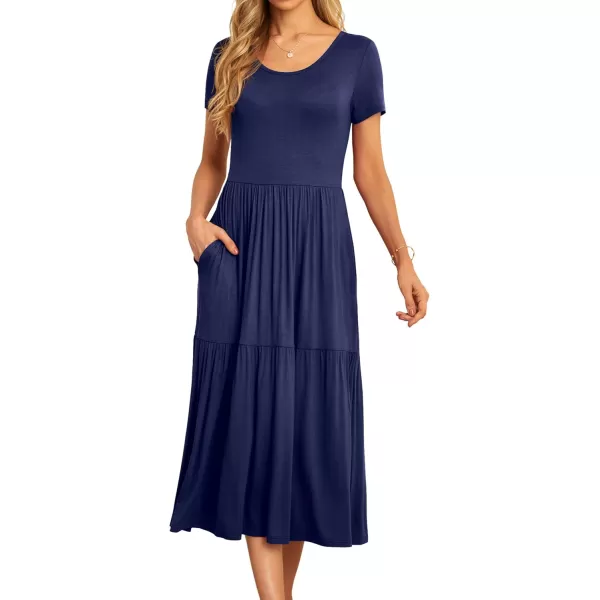 GRECERELLE Women's Summer Casual Crewneck Short Sleeve Aline Tiered Flowy Maxi Dress with Pockets