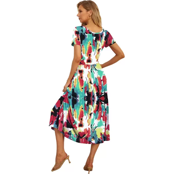 GRECERELLE Women's Summer Casual Crewneck Short Sleeve Aline Tiered Flowy Maxi Dress with Pockets