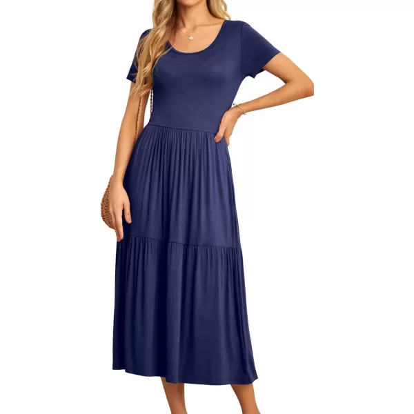 GRECERELLE Women's Summer Casual Crewneck Short Sleeve Aline Tiered Flowy Maxi Dress with Pockets