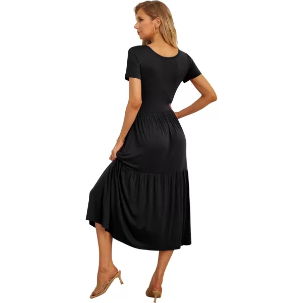 GRECERELLE Women's Summer Casual Crewneck Short Sleeve Aline Tiered Flowy Maxi Dress with Pockets