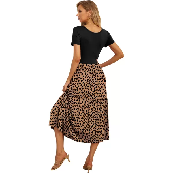 GRECERELLE Women's Summer Casual Crewneck Short Sleeve Aline Tiered Flowy Maxi Dress with Pockets