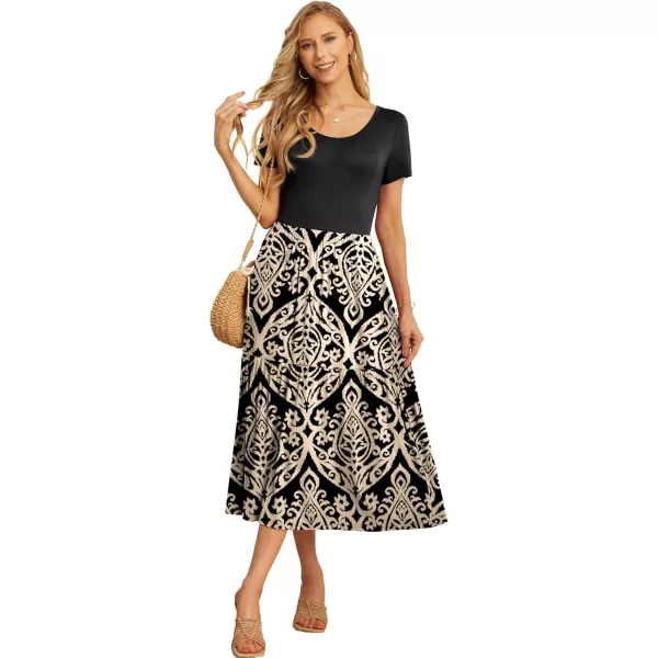 GRECERELLE Women's Summer Casual Crewneck Short Sleeve Aline Tiered Flowy Maxi Dress with Pockets