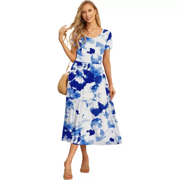 GRECERELLE Women's Summer Casual Crewneck Short Sleeve Aline Tiered Flowy Maxi Dress with Pockets