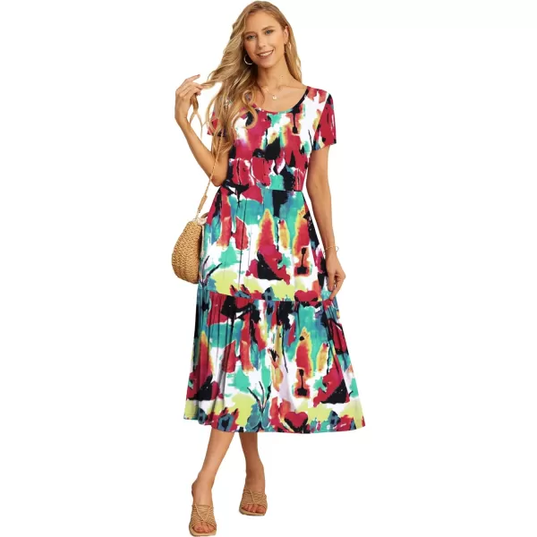 GRECERELLE Women's Summer Casual Crewneck Short Sleeve Aline Tiered Flowy Maxi Dress with Pockets