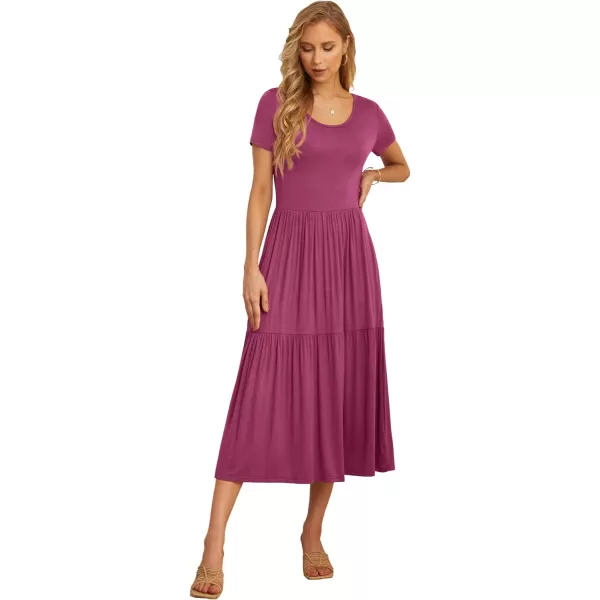 GRECERELLE Women's Summer Casual Crewneck Short Sleeve Aline Tiered Flowy Maxi Dress with Pockets