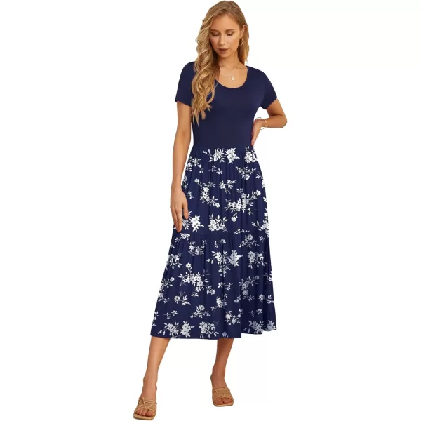 GRECERELLE Women's Summer Casual Crewneck Short Sleeve Aline Tiered Flowy Maxi Dress with Pockets
