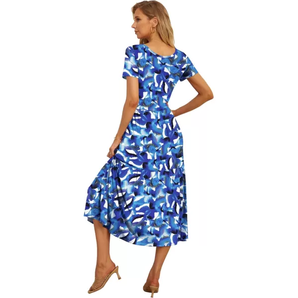 GRECERELLE Women's Summer Casual Crewneck Short Sleeve Aline Tiered Flowy Maxi Dress with Pockets