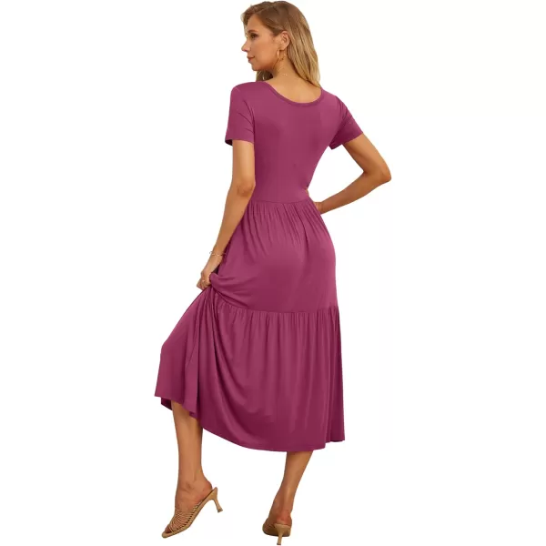 GRECERELLE Women's Summer Casual Crewneck Short Sleeve Aline Tiered Flowy Maxi Dress with Pockets