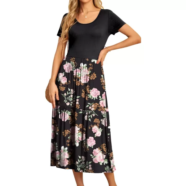 GRECERELLE Women's Summer Casual Crewneck Short Sleeve Aline Tiered Flowy Maxi Dress with Pockets