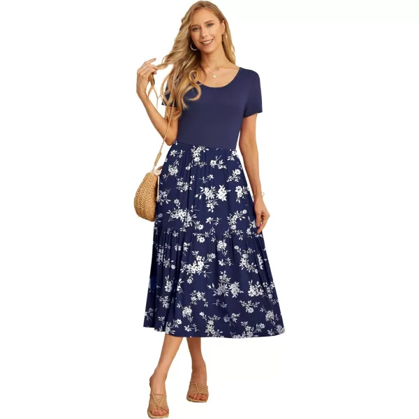 GRECERELLE Women's Summer Casual Crewneck Short Sleeve Aline Tiered Flowy Maxi Dress with Pockets