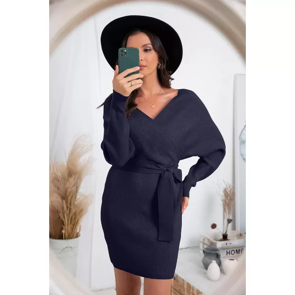 GRECERELLE Women's V Neck Batwing Long Sleeve Sexy Backless Wrap Bodycon Cocktail Pullover Sweater Mini Dress with Belt