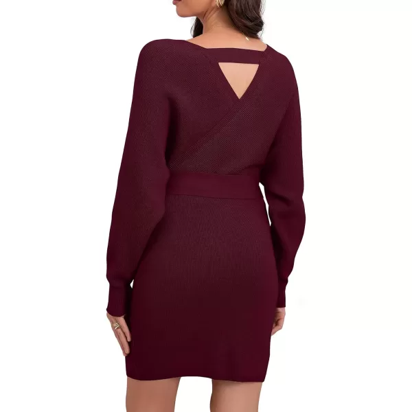 GRECERELLE Women's V Neck Batwing Long Sleeve Sexy Backless Wrap Bodycon Cocktail Pullover Sweater Mini Dress with Belt