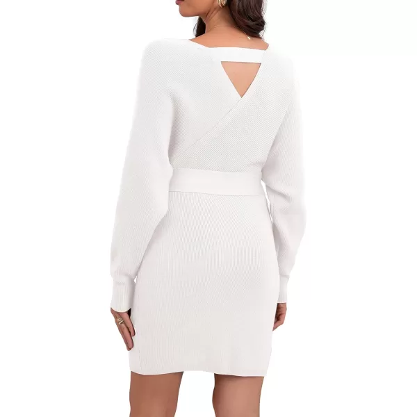 GRECERELLE Women's V Neck Batwing Long Sleeve Sexy Backless Wrap Bodycon Cocktail Pullover Sweater Mini Dress with Belt