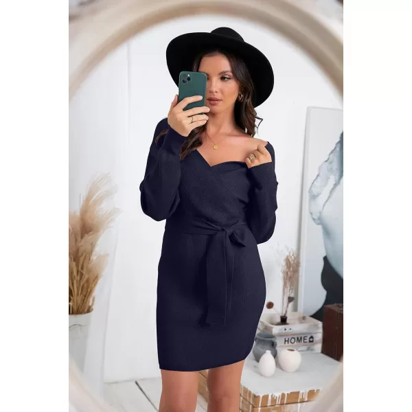 GRECERELLE Women's V Neck Batwing Long Sleeve Sexy Backless Wrap Bodycon Cocktail Pullover Sweater Mini Dress with Belt