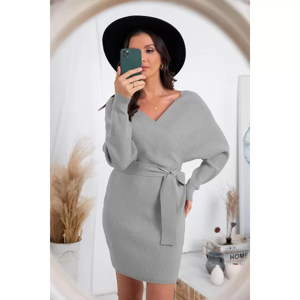 GRECERELLE Women's V Neck Batwing Long Sleeve Sexy Backless Wrap Bodycon Cocktail Pullover Sweater Mini Dress with Belt