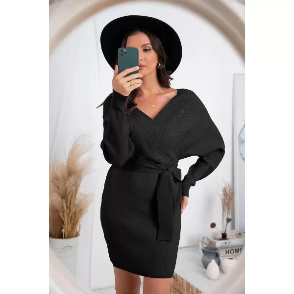 GRECERELLE Women's V Neck Batwing Long Sleeve Sexy Backless Wrap Bodycon Cocktail Pullover Sweater Mini Dress with Belt