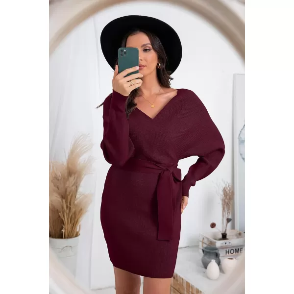 GRECERELLE Women's V Neck Batwing Long Sleeve Sexy Backless Wrap Bodycon Cocktail Pullover Sweater Mini Dress with Belt