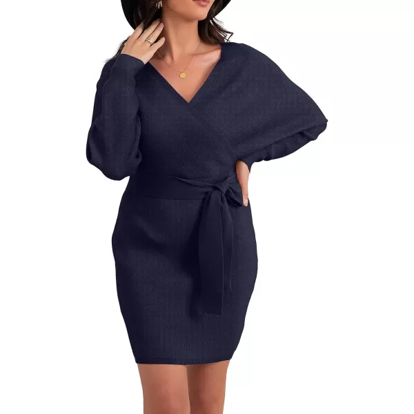 GRECERELLE Women's V Neck Batwing Long Sleeve Sexy Backless Wrap Bodycon Cocktail Pullover Sweater Mini Dress with Belt