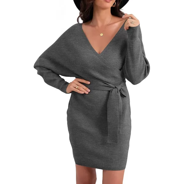 GRECERELLE Women's V Neck Batwing Long Sleeve Sexy Backless Wrap Bodycon Cocktail Pullover Sweater Mini Dress with Belt
