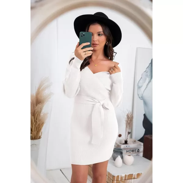GRECERELLE Women's V Neck Batwing Long Sleeve Sexy Backless Wrap Bodycon Cocktail Pullover Sweater Mini Dress with Belt