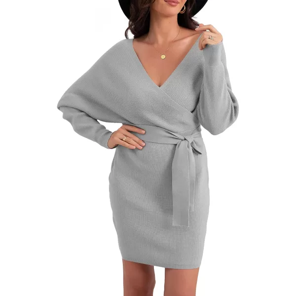 GRECERELLE Women's V Neck Batwing Long Sleeve Sexy Backless Wrap Bodycon Cocktail Pullover Sweater Mini Dress with Belt