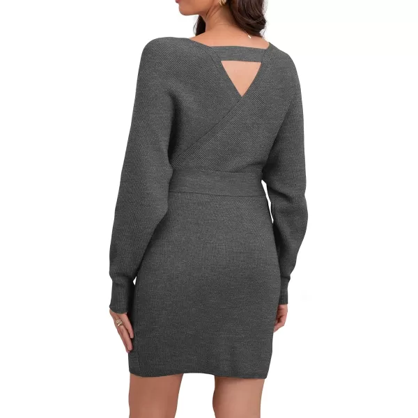 GRECERELLE Women's V Neck Batwing Long Sleeve Sexy Backless Wrap Bodycon Cocktail Pullover Sweater Mini Dress with Belt