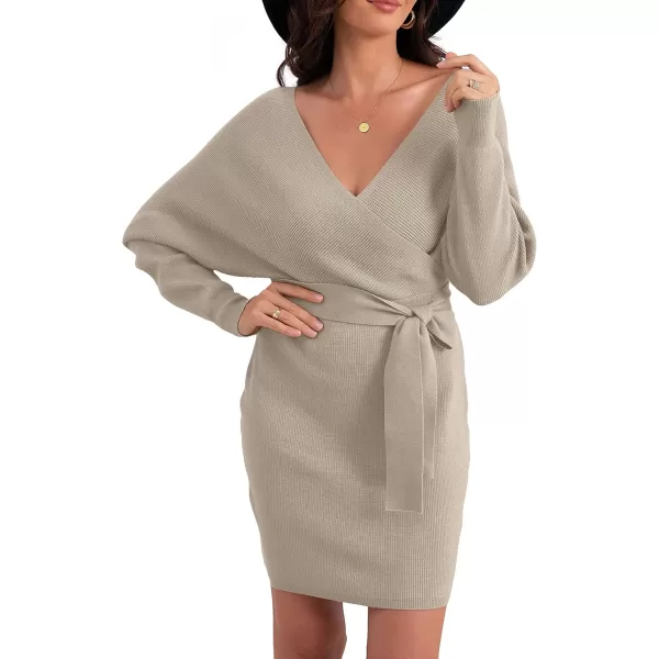 GRECERELLE Women's V Neck Batwing Long Sleeve Sexy Backless Wrap Bodycon Cocktail Pullover Sweater Mini Dress with Belt