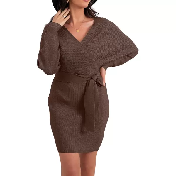 GRECERELLE Women's V Neck Batwing Long Sleeve Sexy Backless Wrap Bodycon Cocktail Pullover Sweater Mini Dress with Belt
