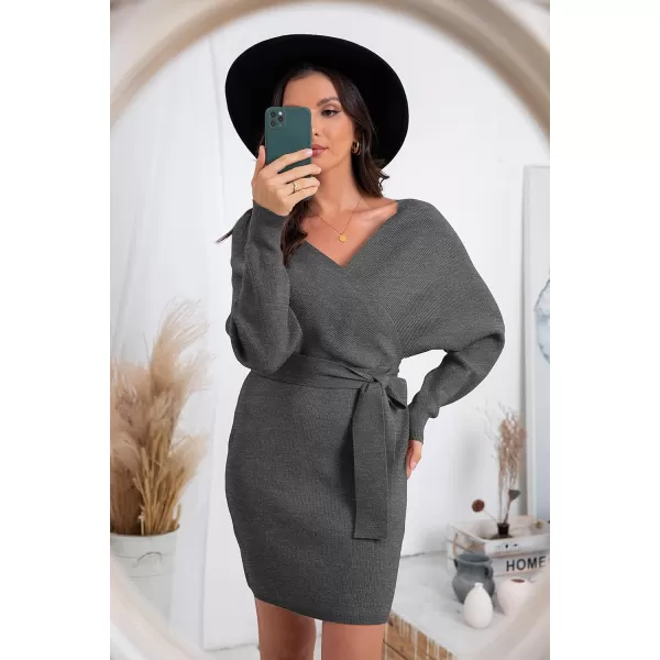 GRECERELLE Women's V Neck Batwing Long Sleeve Sexy Backless Wrap Bodycon Cocktail Pullover Sweater Mini Dress with Belt