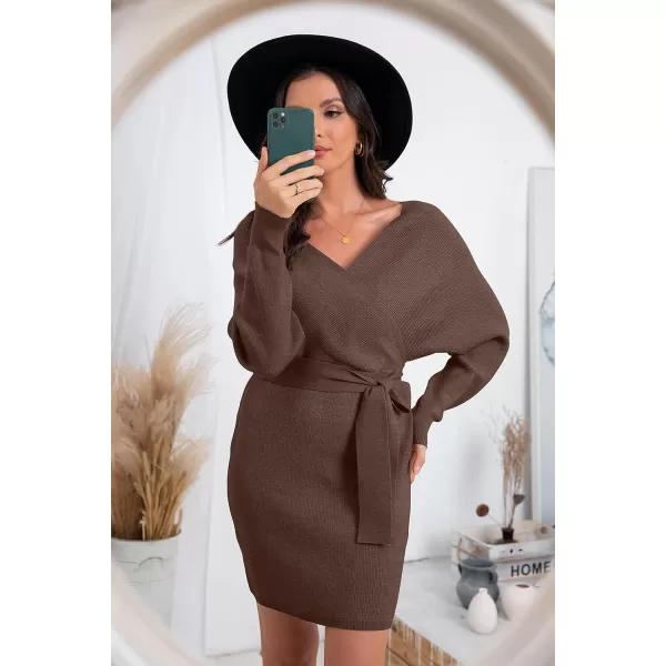 GRECERELLE Women's V Neck Batwing Long Sleeve Sexy Backless Wrap Bodycon Cocktail Pullover Sweater Mini Dress with Belt