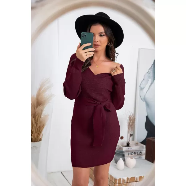 GRECERELLE Women's V Neck Batwing Long Sleeve Sexy Backless Wrap Bodycon Cocktail Pullover Sweater Mini Dress with Belt