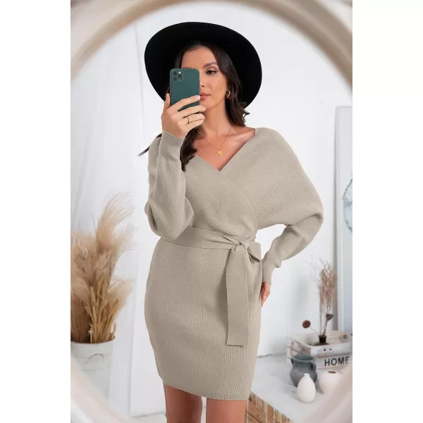 GRECERELLE Women's V Neck Batwing Long Sleeve Sexy Backless Wrap Bodycon Cocktail Pullover Sweater Mini Dress with Belt
