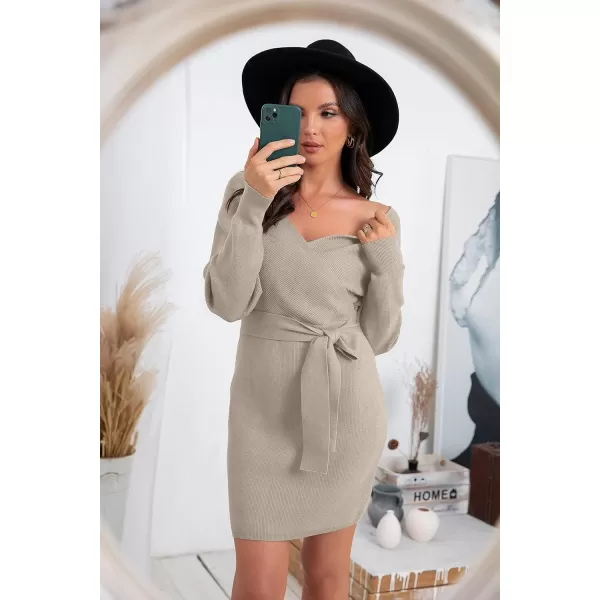 GRECERELLE Women's V Neck Batwing Long Sleeve Sexy Backless Wrap Bodycon Cocktail Pullover Sweater Mini Dress with Belt