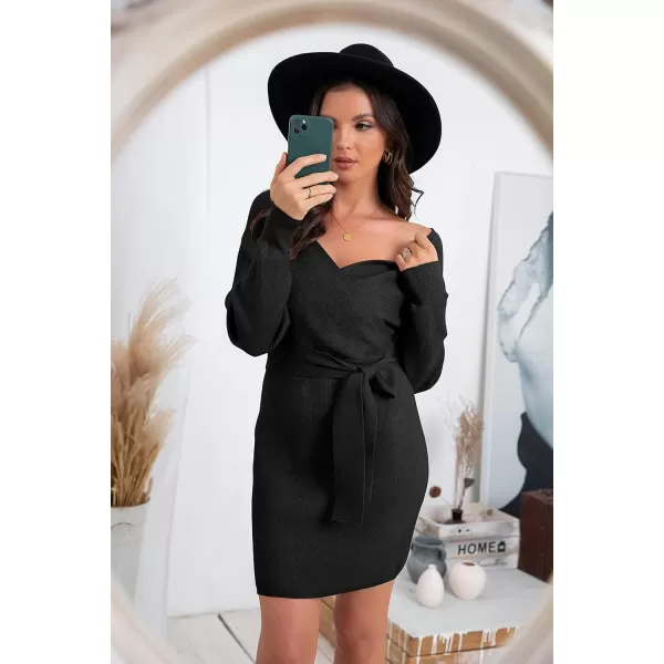 GRECERELLE Women's V Neck Batwing Long Sleeve Sexy Backless Wrap Bodycon Cocktail Pullover Sweater Mini Dress with Belt