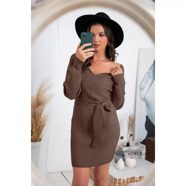 GRECERELLE Women's V Neck Batwing Long Sleeve Sexy Backless Wrap Bodycon Cocktail Pullover Sweater Mini Dress with Belt