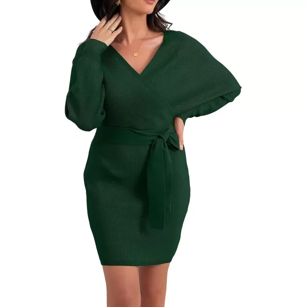 GRECERELLE Women's V Neck Batwing Long Sleeve Sexy Backless Wrap Bodycon Cocktail Pullover Sweater Mini Dress with Belt
