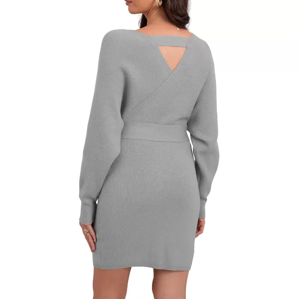 GRECERELLE Women's V Neck Batwing Long Sleeve Sexy Backless Wrap Bodycon Cocktail Pullover Sweater Mini Dress with Belt