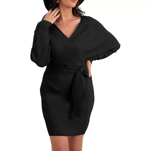GRECERELLE Women's V Neck Batwing Long Sleeve Sexy Backless Wrap Bodycon Cocktail Pullover Sweater Mini Dress with Belt